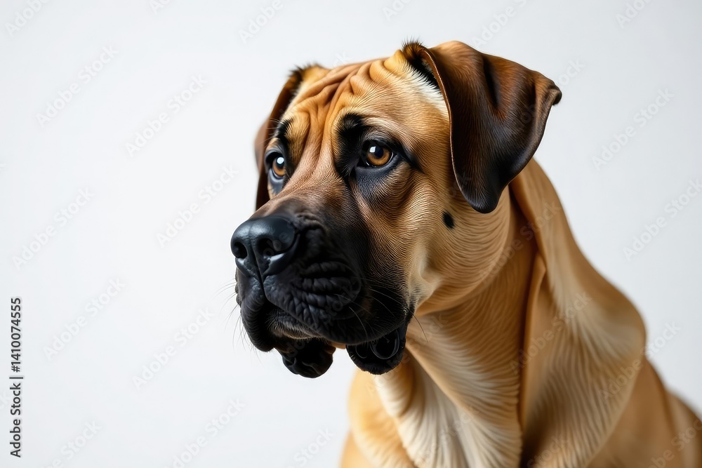 Fototapeta premium Noble mastiff head shot, intense gaze, pure white backdrop, head shot, coat, nose