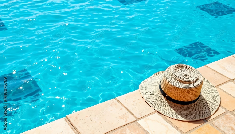 Summer hat rests on travertine by a turquoise pool, ocean waves visible, travel, photography Summer hat rests on travertine by a turquoise pool, ocean waves visible, travel, photography