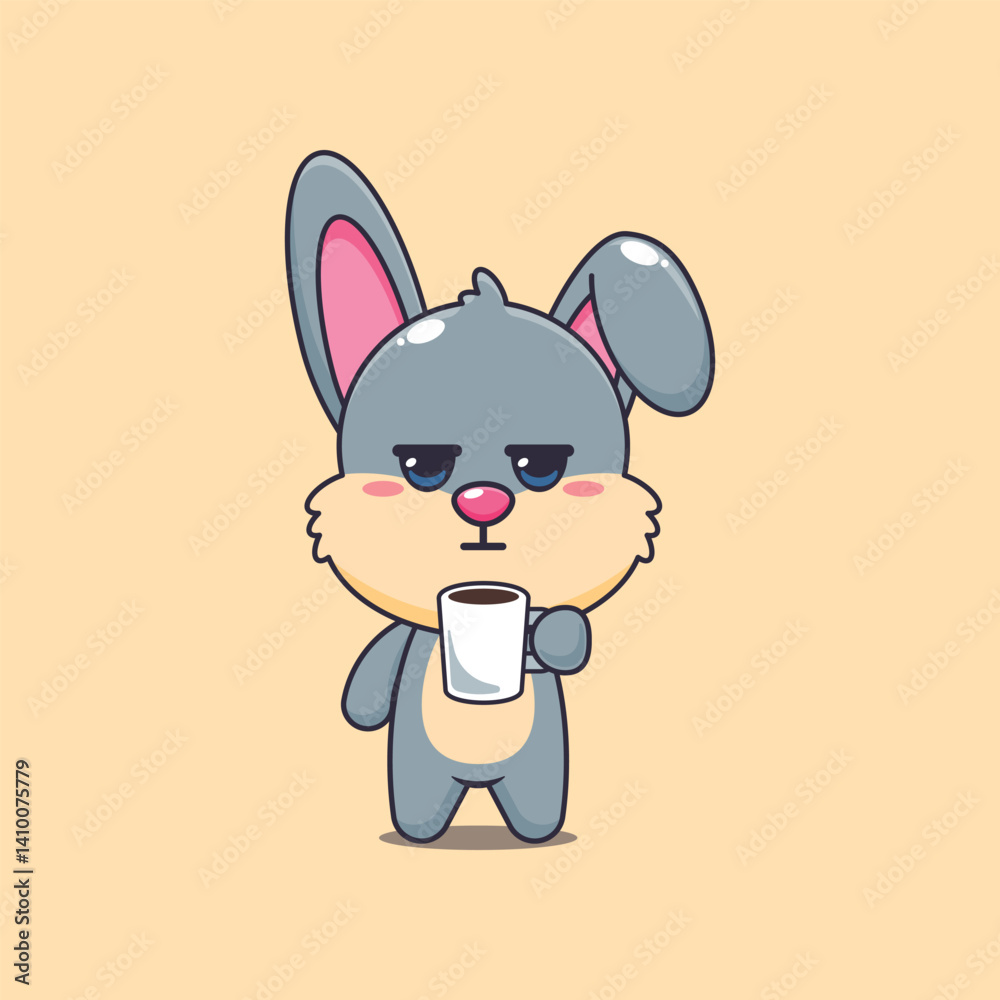 Obraz premium Cute rabbit cartoon vector illustration is tired and sleepy holding coffee