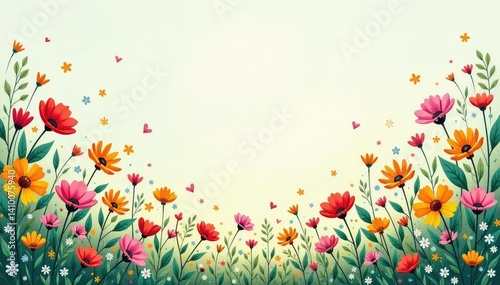 Scattered wildflowers, naive style, soft color palette, nature, simple