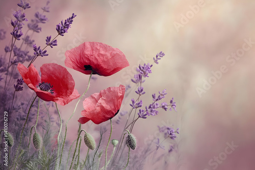 Red poppies, purple flowers, an abstract painting with neutral colors and a soft background