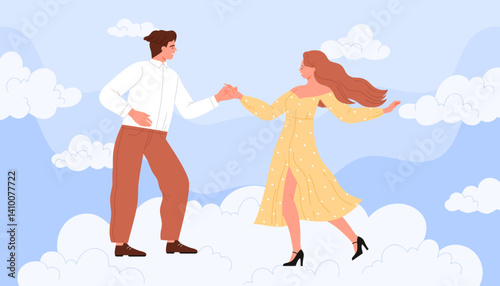 Happy romantic dance of dancers couple on flying cloud in sky. Pair of woman and man dancing together, young elegant boyfriend and girlfriend feeling love and fun on date cartoon vector illustration