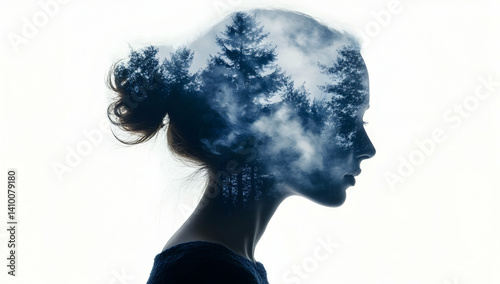 A double exposure of a woman's head and a foggy forest, with the fog forming the shape of a face profile. 