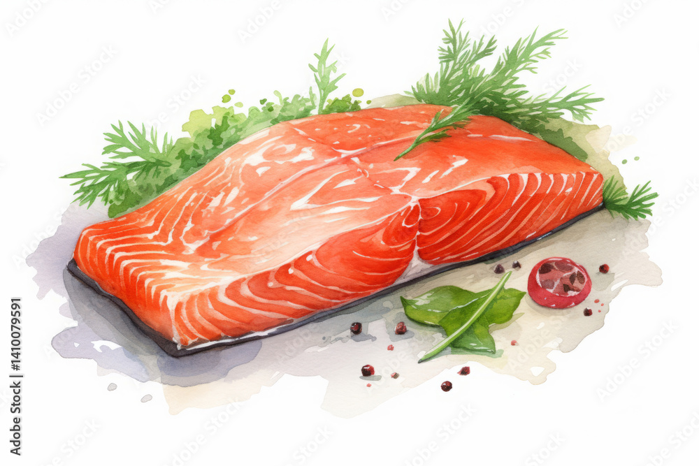 Watercolor illustration of fresh salmon fillet with herbs Watercolor illustration of fresh salmon fillet with herbs