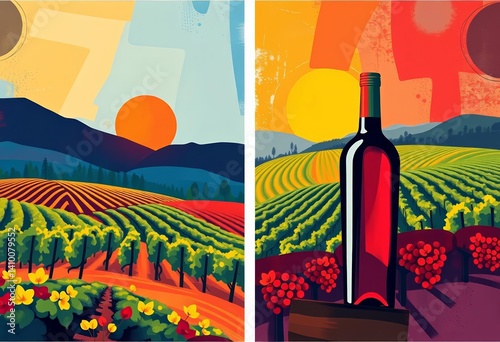 Vibrant abstract wine poster designs featuring vineyard landscapes and stylized bottles, artwork, material
