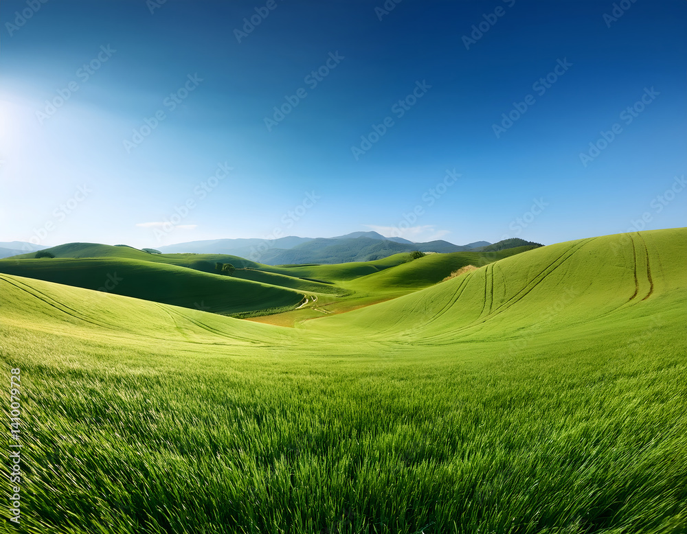 Fototapeta premium Lush green rolling hills under a clear blue sky, creating a serene and picturesque landscape