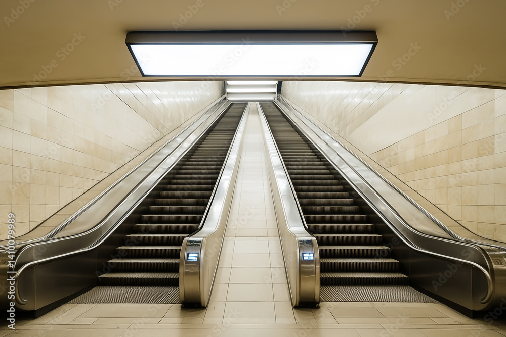 Fototapeta premium Blank White Screen in the Center of an Empty Subway Station with Staircases and Escalators on Both Sides