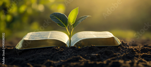 Open Book with a Seedling Growing from It – Symbolizing Growth and Inspiration in Personal Development and Religious Texts