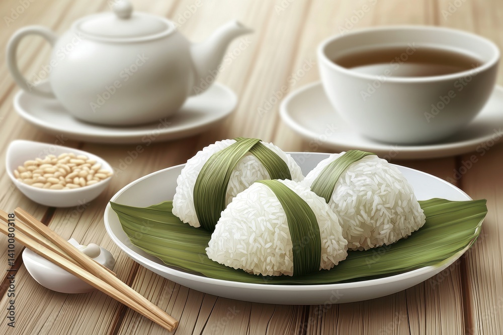 Steamed rice balls with tea set on wooden table background