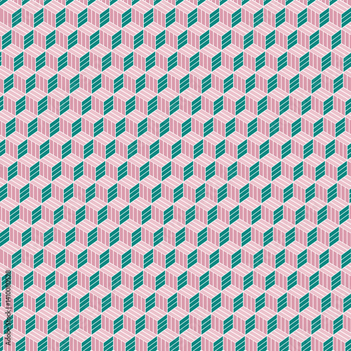 A seamless geometric pattern featuring an isometric cube design. Patterns, textile pattern, pattern style, The repeating three-dimensional effect creates a modern and stylish look, perfect for textile