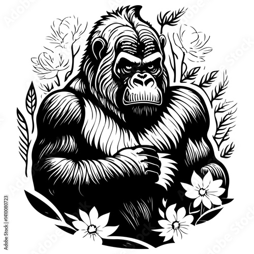 Floral Gorilla Illustration in Engraving Style