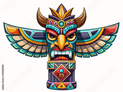 A high-quality vector illustration of a colorful totem pole with carved animal faces, isolated on a white background, cultural and artistic