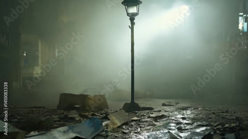 Foggy Night City Street Lamppost