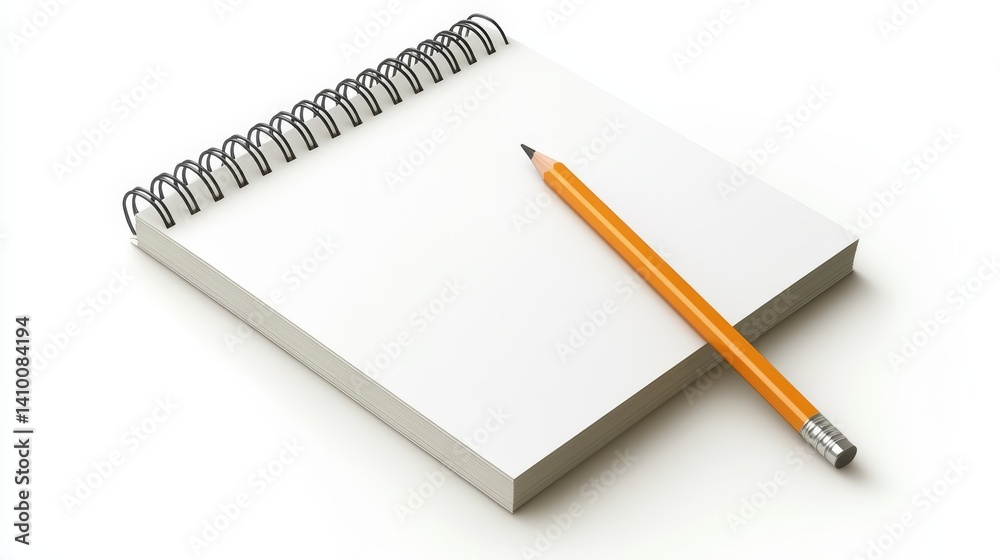 Blank Spiral Notepad and Orange Pencil on White Background Blank Spiral Notepad and Orange Pencil on White Background