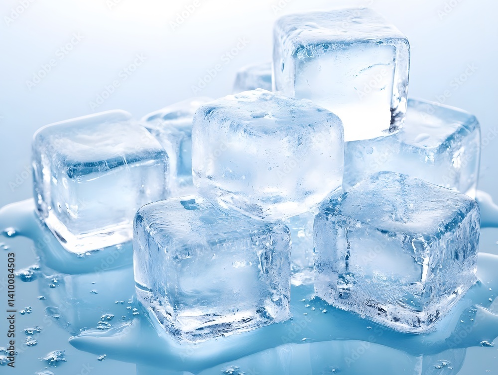 Crystal Clear Ice Cubes Melting on Blue Background Crystal Clear Ice Cubes Melting on Blue Background