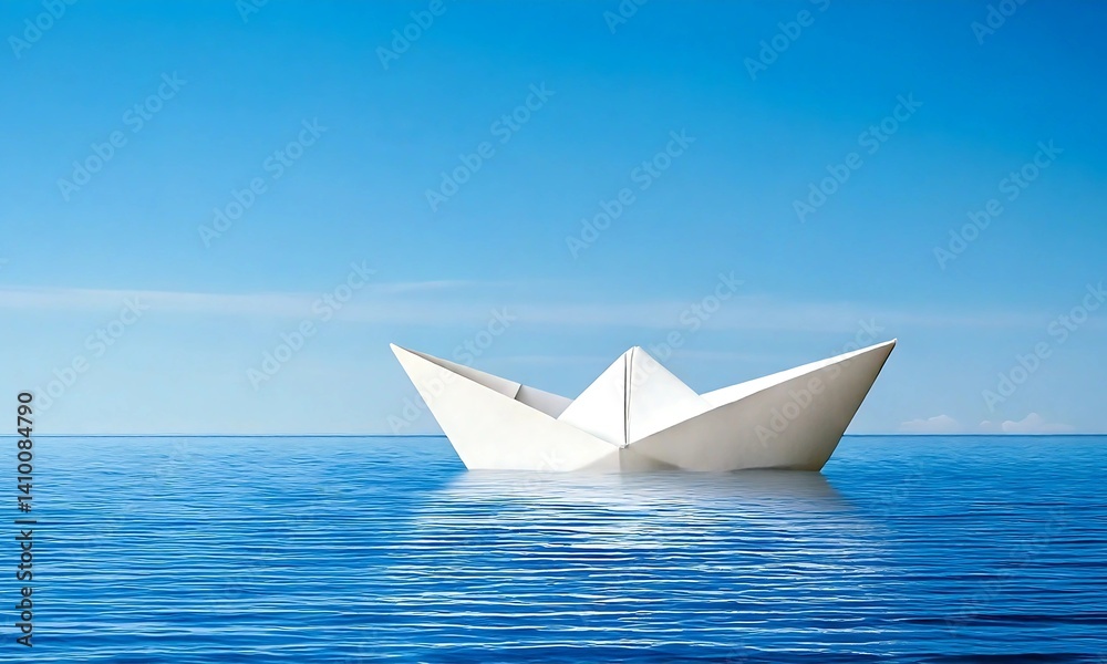 Solitary Journey: White Paper Boat Sailing on a Calm Blue Sea Under a Clear Sky Solitary Journey: White Paper Boat Sailing on a Calm Blue Sea Under a Clear Sky