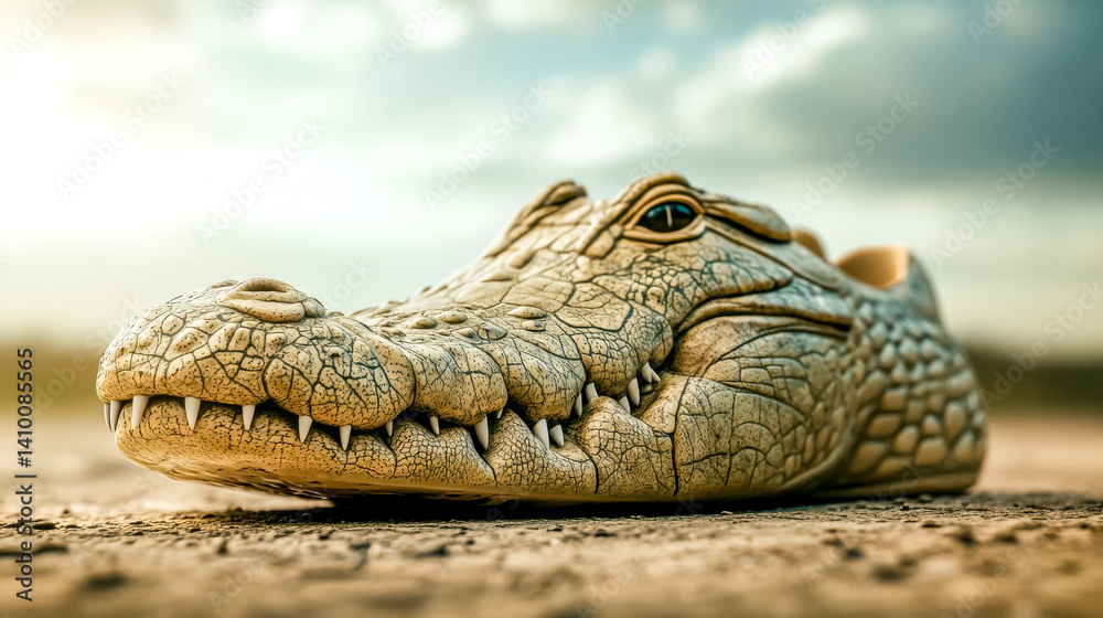Fototapeta premium Crocodile shoe lounging on riverbank, fashion meets nature