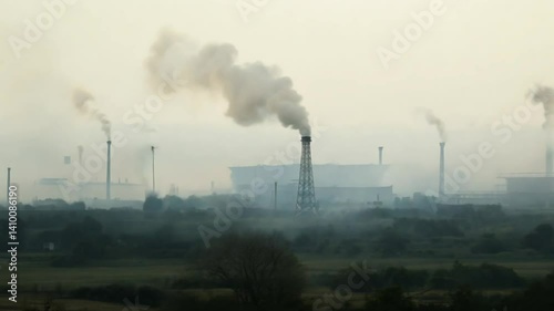 Industrial Smokestacks and Pollution in a Foggy Landscape