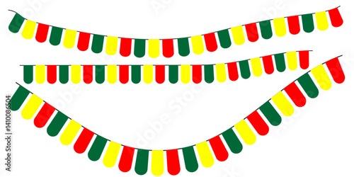 Carnival garland with flags and star. Colorful perspective party flags isolated on white background. Birthday, Christmas, anniversary, and festival fair concept. Vector illustration. eps10