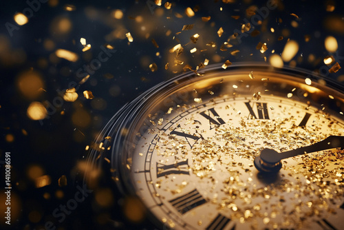 Clock Striking Midnight with Golden Confetti Falling for New Year's Eve Celebration. photo