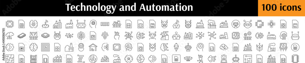 Collection of Technology Related Line Icons. Chip, Robot, Factory, Artificial Intelligence Outline Signs for Graphic and Web Design, Apps, Adverts, Various Cards Collection of Technology Related Line Icons. Chip, Robot, Factory, Artificial Intelligence Outline Signs for Graphic and Web Design, Apps, Adverts, Various Cards
