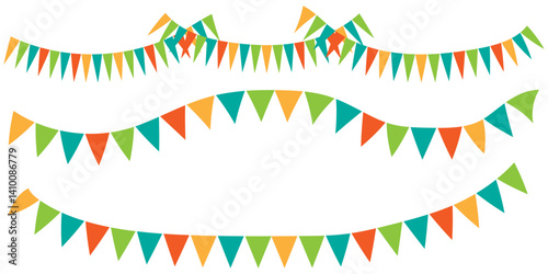 Carnival garland with flags. Decorative colorful party, Colorful perspective flags party isolated on white background. Birthday, Christmas, anniversary, and festival fair concept. Vector illustration.