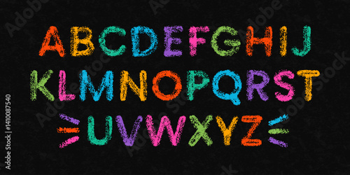 Crayon alphabet, chalk font letters on school blackboard. Color english type drawn with paint brush on black chalkboard. Doodle font signs with crayon pencil texture, vector illustration