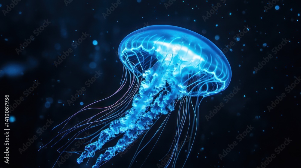 A Bioluminescent Jellyfish Floating in Dark Depths Underwater A Bioluminescent Jellyfish Floating in Dark Depths Underwater