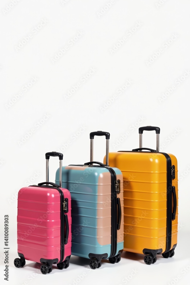 Variety of stylish suitcases for travel on a white background, Wanderlust, Suitcase Variety of stylish suitcases for travel on a white background, Wanderlust, Suitcase