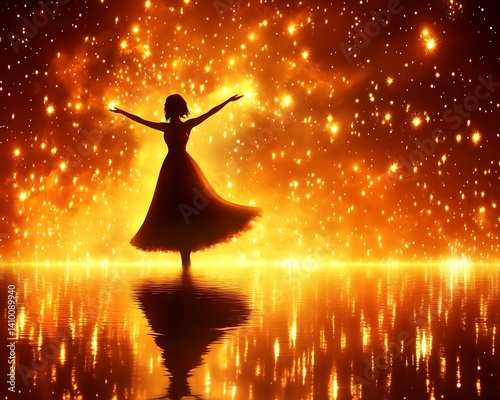 Woman dances in starry, fiery sky