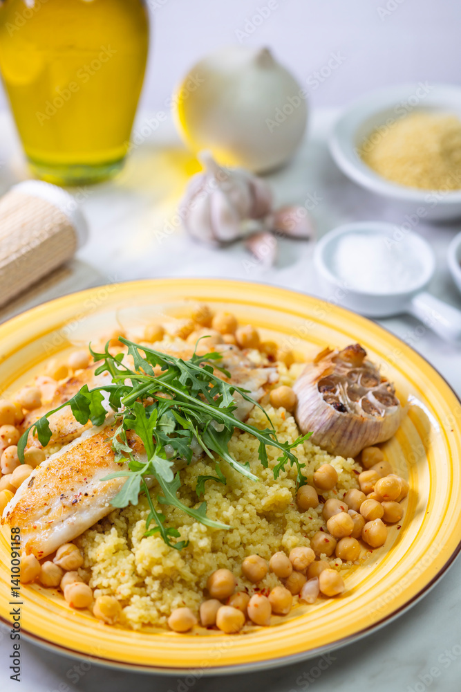 grilled cod with couscous, chicken pea and baked garlic