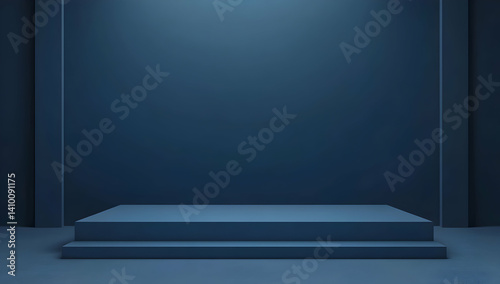 3D rendering of a blue geometric cube wall background with an empty floor scene for product display presentation. 