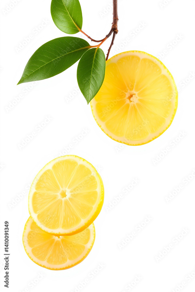 Lemon slices with branch and green leaves. Yellow citrus fruit cut open. Two lemon pieces are stacked on a white background. Organic food and healthy eating concept. Lemon slices with branch and green leaves. Yellow citrus fruit cut open. Two lemon pieces are stacked on a white background. Organic food and healthy eating concept.