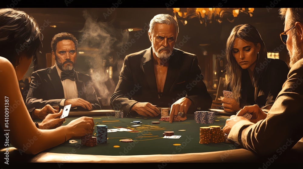 Intense Poker Game with Stylish Players and Smoke-filled Casino Setting