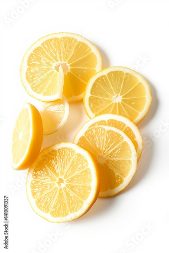 Lemon slices on white background. Yellow juicy fruit cut into pieces. Citrus food close up with bright color. Fresh ingredient arrangement.