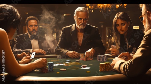 Obraz na płótnie Intense Poker Game with Stylish Players and Smoke-filled Casino Setting w salonie