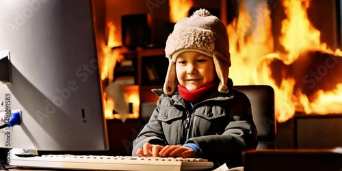 Child typing in computer with joy while the house burns down in background, young boy wearing flap fur hat happily with a smile typing and burning the room down, carelessness concept