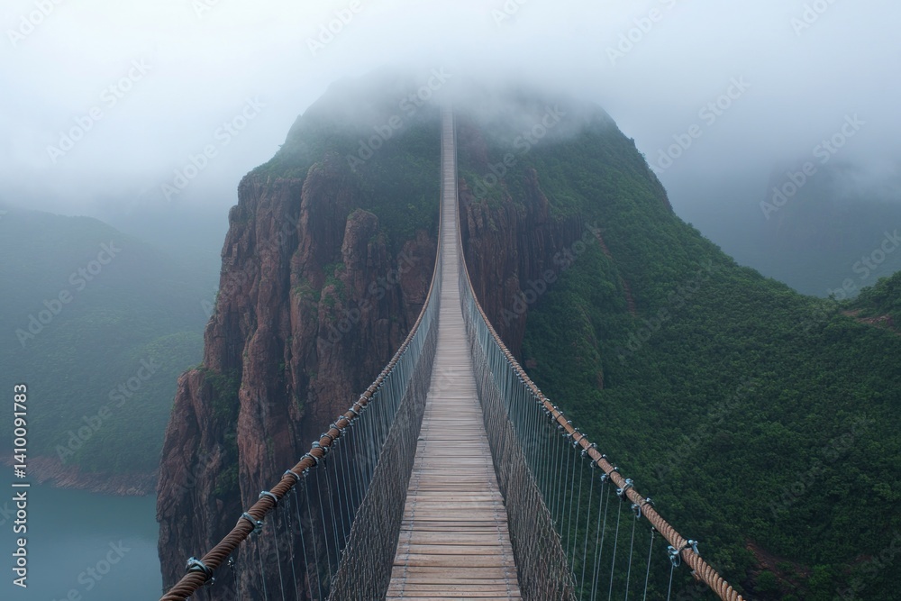 Obraz premium Misty Mountain Bridge: A Journey Across the Clouds