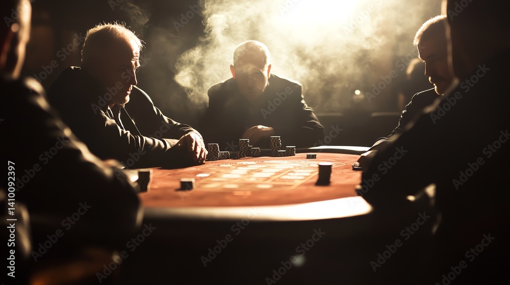 Men Playing Poker in Smoky Room with Chips and Cards on Table