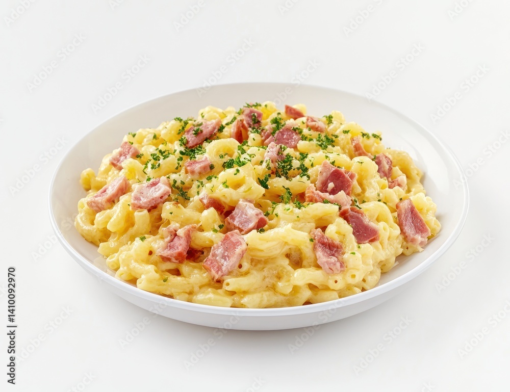 Pasta dish with creamy sauce and ham pieces served on a white plate. Pasta dish with creamy sauce and ham pieces served on a white plate.