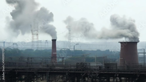 Industrial Smokestacks Emitting Grey Smoke Against a Cloudy Sky