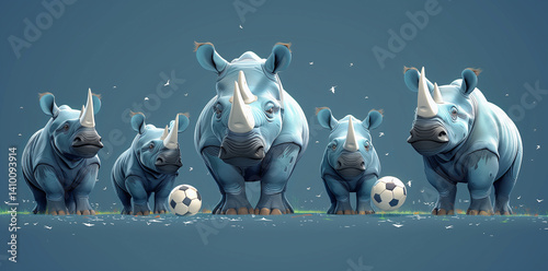 Rhinos football team with soccer ball on blue background.