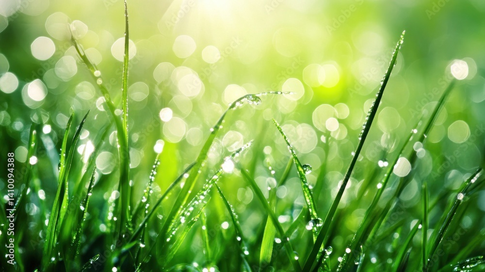 Fototapeta premium Morning Dew on Lush Green Grass: A Serene Nature Photography