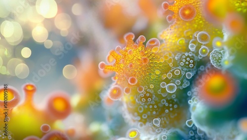 Abstract microscopic organisms, vibrant colors, intricate details, glowing,  blurred background