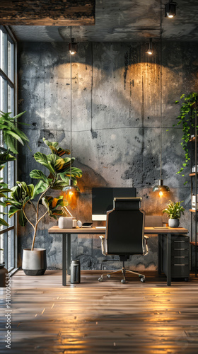 Modern Industrial Office with Concrete Walls, Green Plants, and Wooden Flooring - Stylish Workspace Design for Professionals