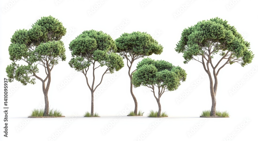 Five pine trees isolated on white background. Lush green foliage and tall trunks. Natural landscape elements Five pine trees isolated on white background. Lush green foliage and tall trunks. Natural landscape elements