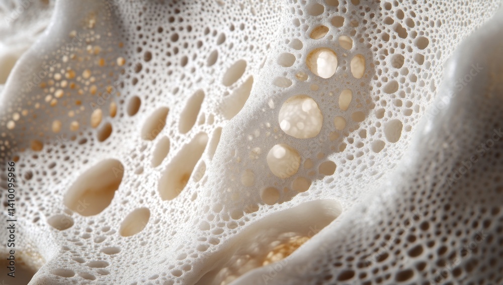 Abstract, organic, porous texture. Close-up view of a light beige, sculptural, labyrinthine form, with a complex pattern of interconnected cavities and bubbles Abstract, organic, porous texture. Close-up view of a light beige, sculptural, labyrinthine form, with a complex pattern of interconnected cavities and bubbles