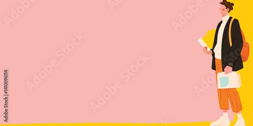 A stylish student poses, exuding youthful energy and determination in a minimalist backdrop, conveying a sense of modern ambition and intellectual pursuits.