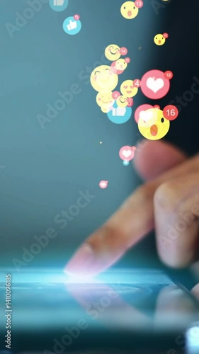 business woman using smartphone ,icons social media fly over showing people engagement connection through social network application platform,Concept viral video and social media marketing, vertical,