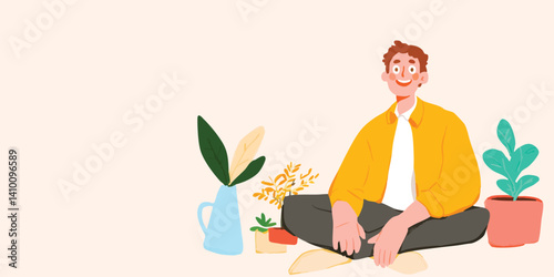 An illustration of a man happily seated amidst plants in a cozy, inviting setting, a gentle reminder of the beauty of nature and the joy of embracing calm, serene moments.